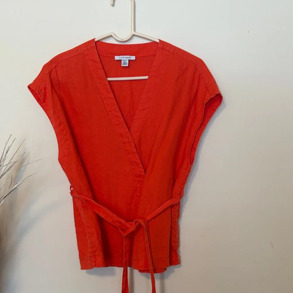 Pure Navy Linen Wrap-Style Orange Blouse - Picture 4 of 7